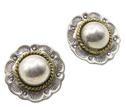 MEXICO 925 Sterling Silver  Vintage Two Tone Floral Dome Drop Earrings  EG5326