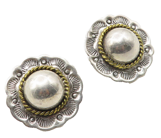 MEXICO 925 Sterling Silver  Vintage Two Tone Floral Dome Drop Earrings  EG5326