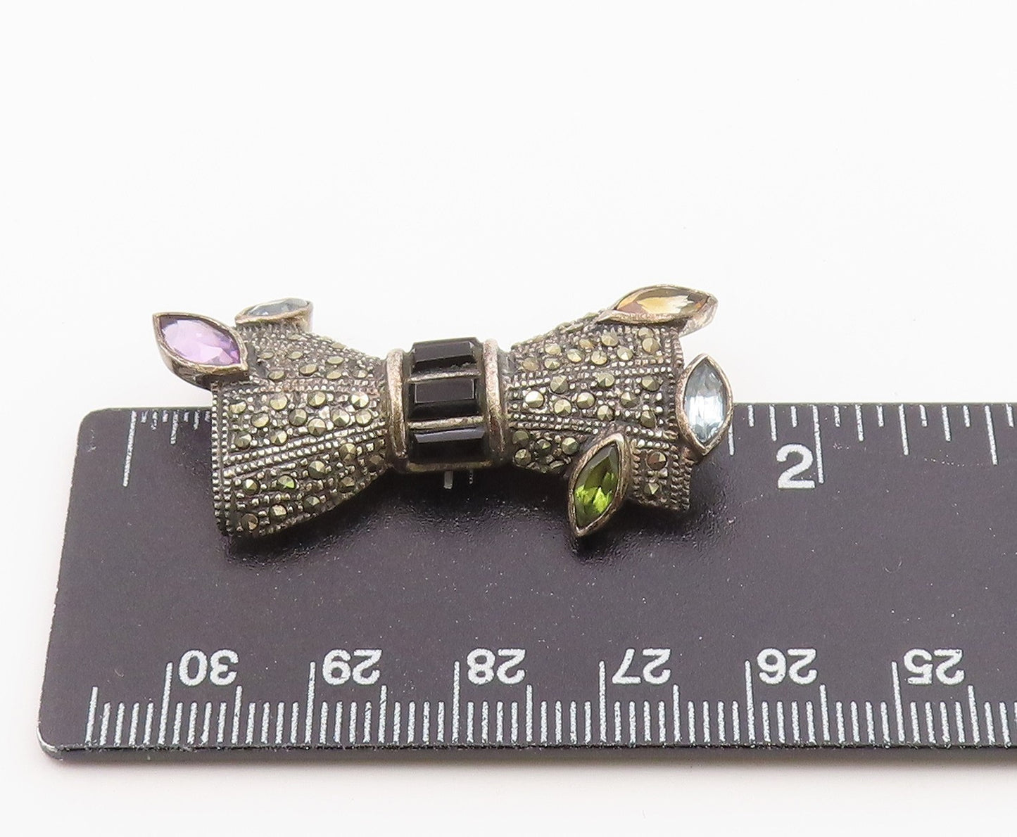 925 Sterling Silver Vintage Brooch Pin Classic Multi Gemstone Ribbon Bow BP12584