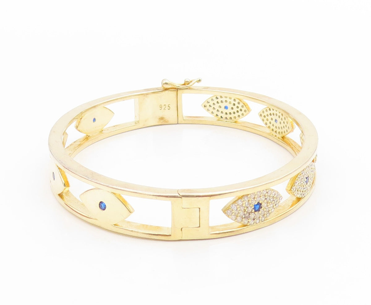 925 Sterling Silver Vintage Bracelet Gold Plated CZ Evil Eye Bangle  BT12004