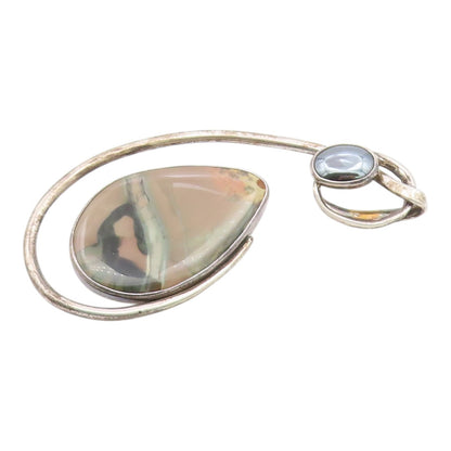 DESIGNER 925 Sterling Silver  Vintage Agate & Hematite Brooch Pin  BP7848