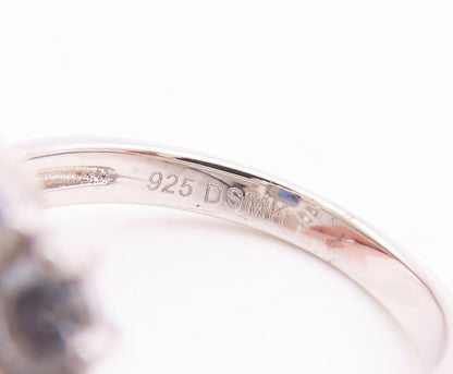 925 Sterling Silver Vintage Ring Blue Rectangle & Round Halo CZ  Sz 7  RG29163