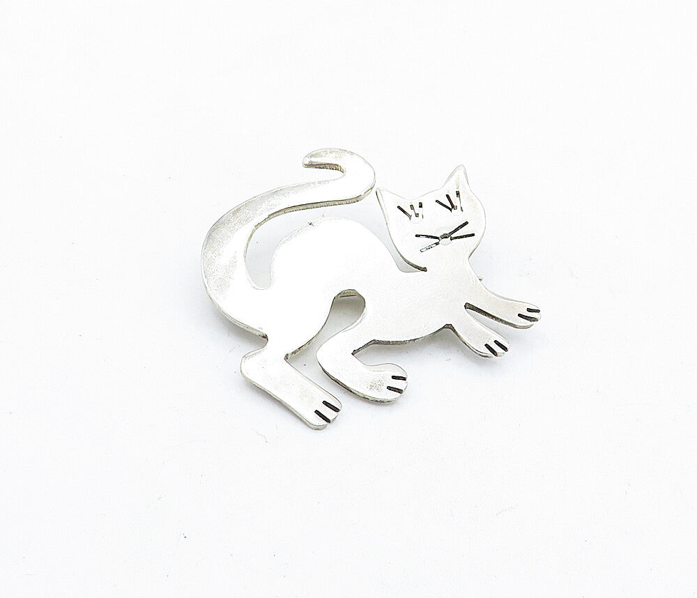 MEXICO 925 Sterling Silver  Vintage Shiny Smooth Cat Motif Brooch Pin  BP2101