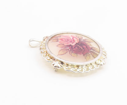 925 Sterling Silver  Vintage Mother Of Pearl Rose Flower Art Brooch Pin BP8137