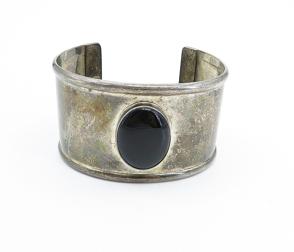 MEXICO 925 Sterling Silver Vintage Black Onyx Dark Tone Cuff Bracelet BT2823