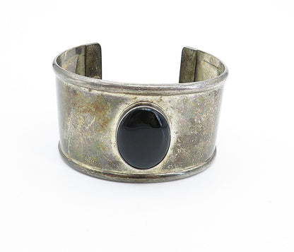 MEXICO 925 Sterling Silver Vintage Black Onyx Dark Tone Cuff Bracelet BT2823