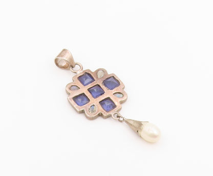 925 Sterling Silver Vintage Pendant Multi Gemstone Geometric Cross  PT26314