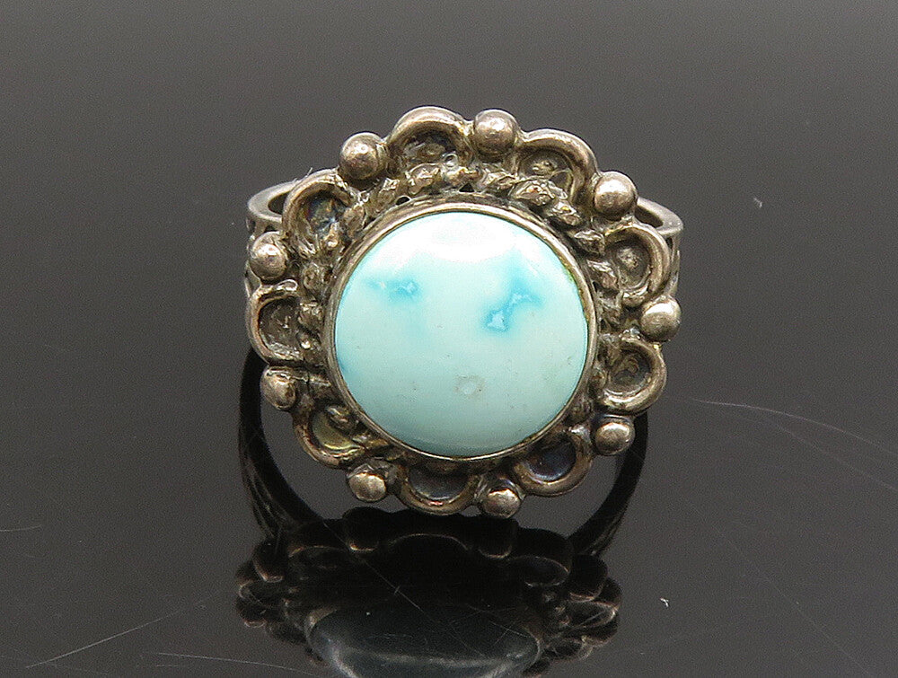 925 Silver Vintage Turquoise Floral Etched Ring Sz 5.5 RG24294
