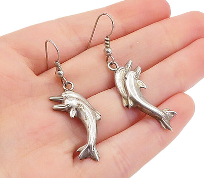 925 Sterling Silver  Vintage Dark Tone Leaping Dolphin Dangle Earrings  EG2826