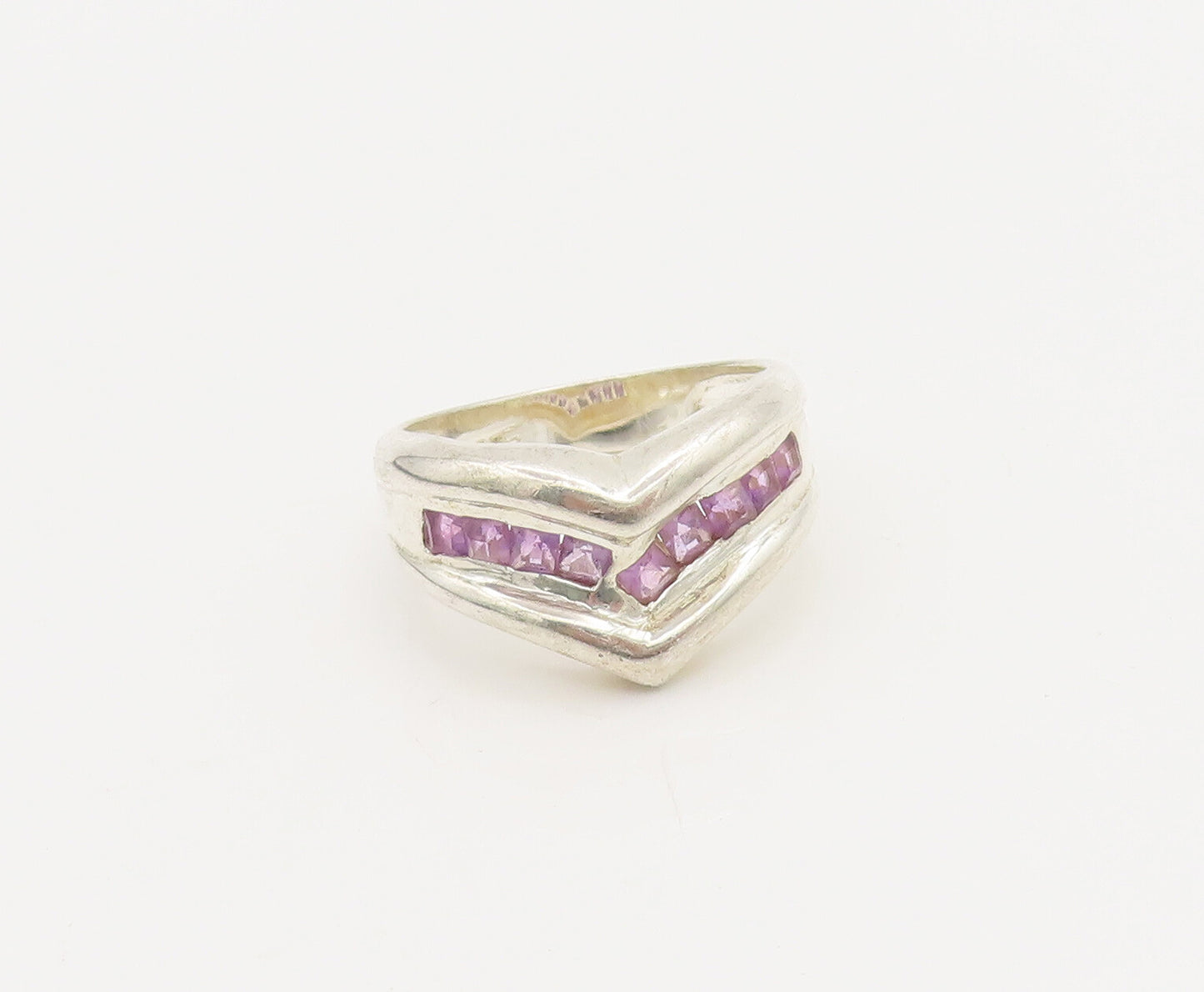 925 Sterling Silver  Vintage Minimalist Inlay Purple Topaz Ring Sz 9  RG26950