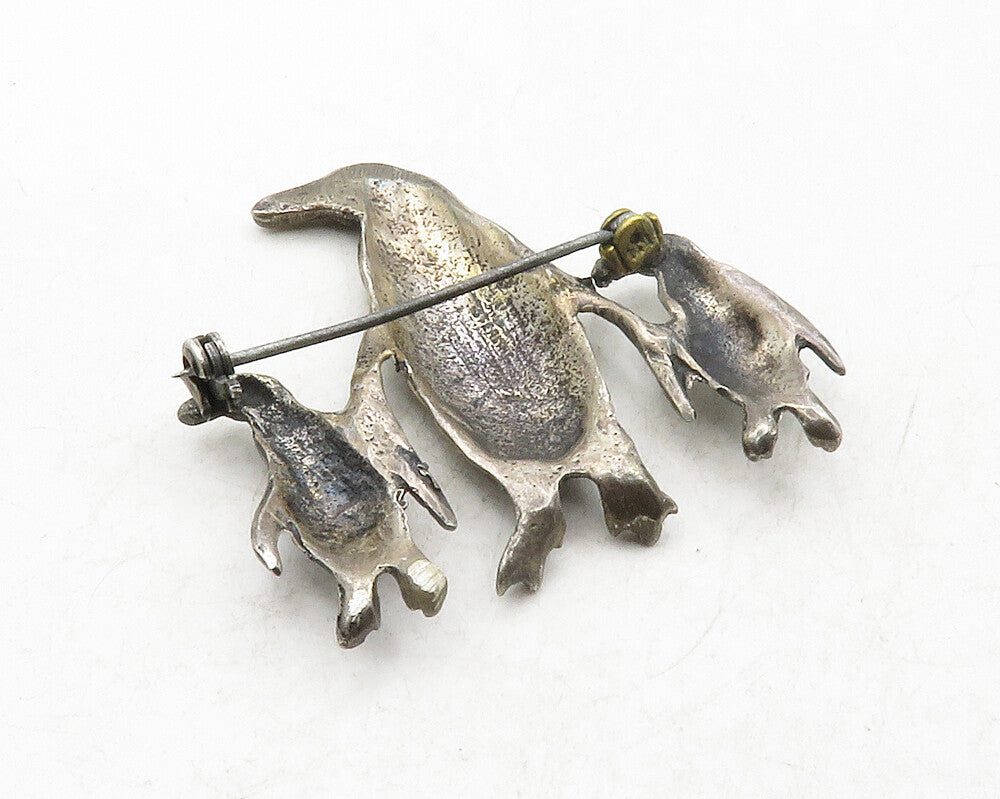 925 Sterling Silver  Vintage Antique Penguin Family Animal Brooch Pin  BP4820