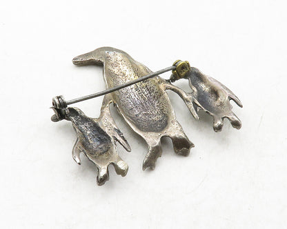 925 Sterling Silver  Vintage Antique Penguin Family Animal Brooch Pin  BP4820