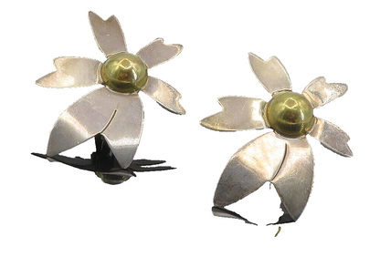MEXICO 925 Sterling Silver  Vintage 2 Tone Floral Non Pierce Earrings  EG4576