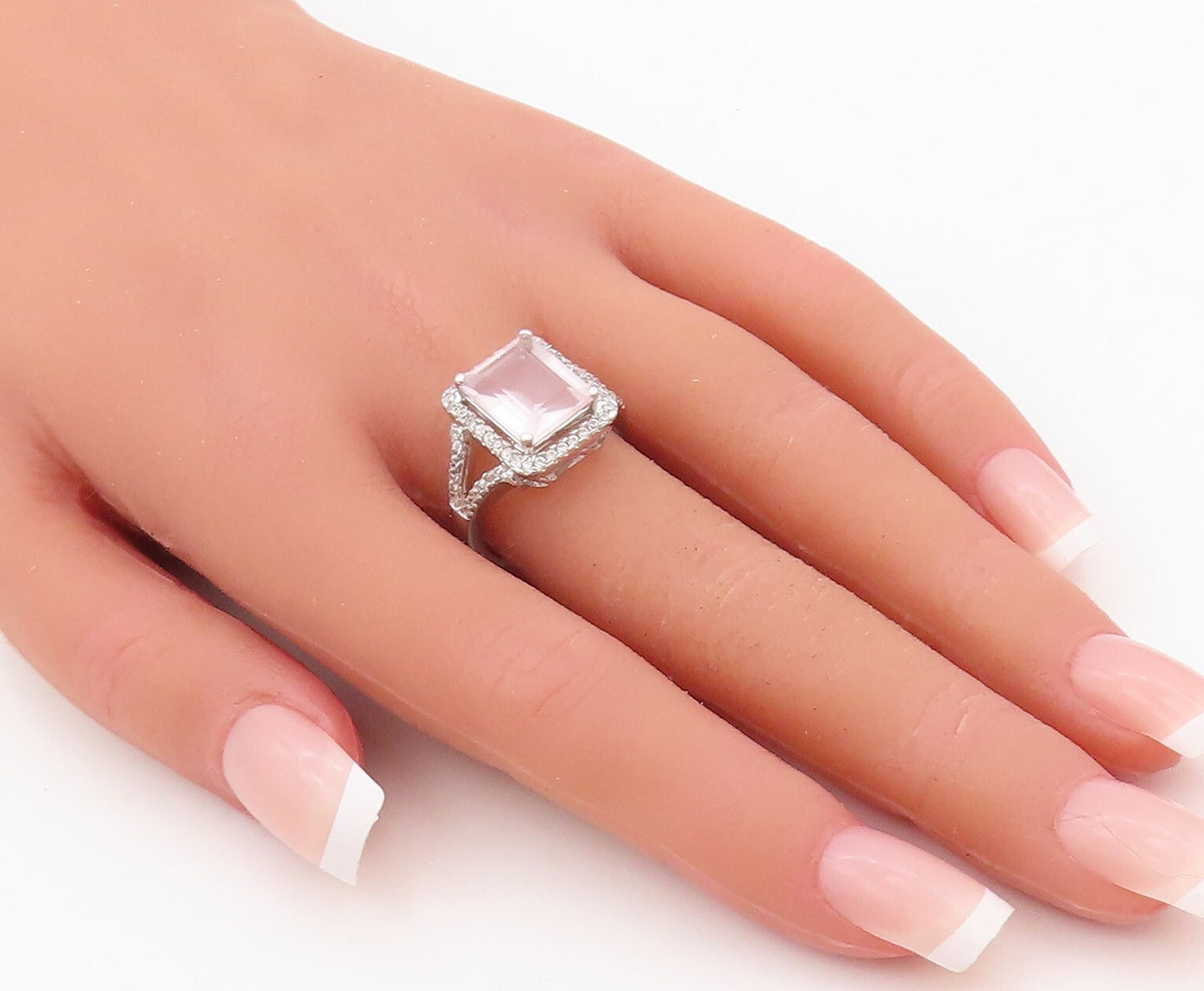 925 Sterling Silver Vintage Ring Rectangle Cut Pink Gemstone & CZ  Sz 7 RG30518