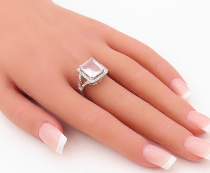 925 Sterling Silver Vintage Ring Rectangle Cut Pink Gemstone & CZ  Sz 7 RG30518