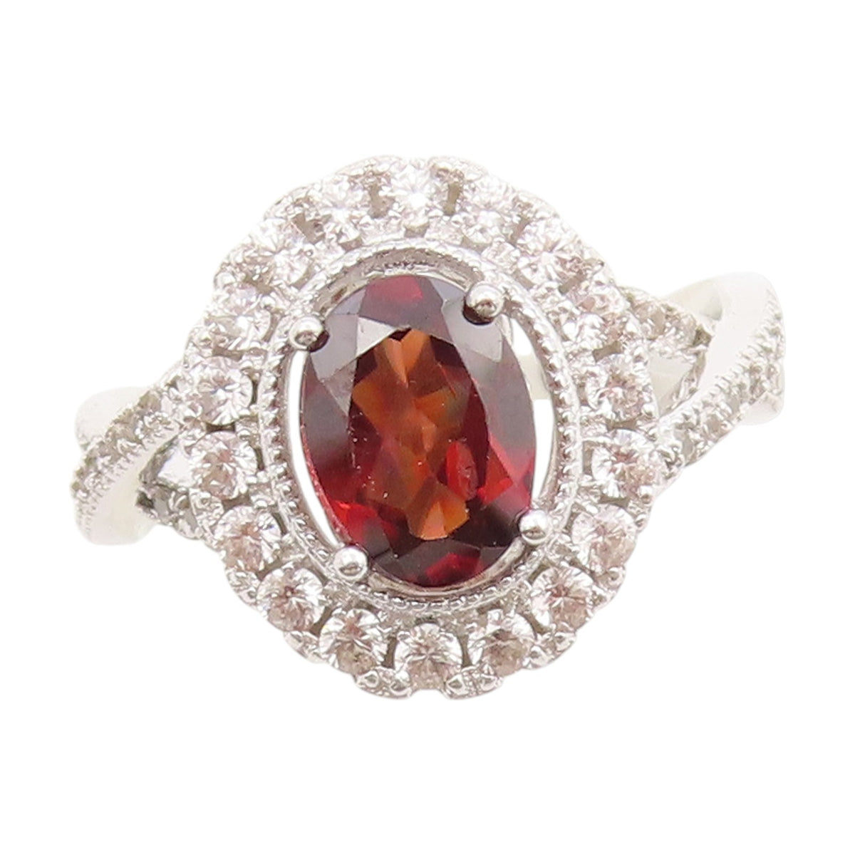 925 Sterling Silver Vintage Ring Red Garnet & Halo CZ Split Band  Sz 7  RG33630