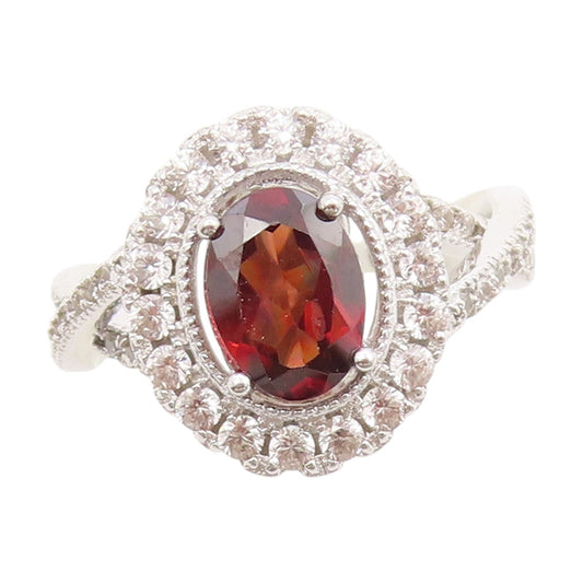 925 Sterling Silver Vintage Ring Red Garnet & Halo CZ Split Band  Sz 7  RG33630