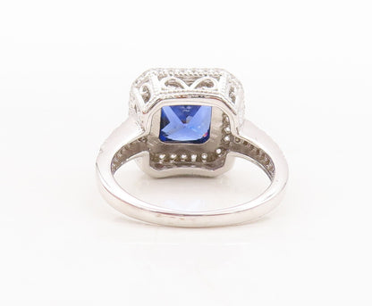 925 Sterling Silver Vintage Ring Square Cut Sapphire CZ Inlay Frame Sz 7 RG29793