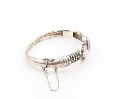 925 Sterling Silver Vintage Bracelet Pear Cut Amethyst & Topaz Bangle  BT11928