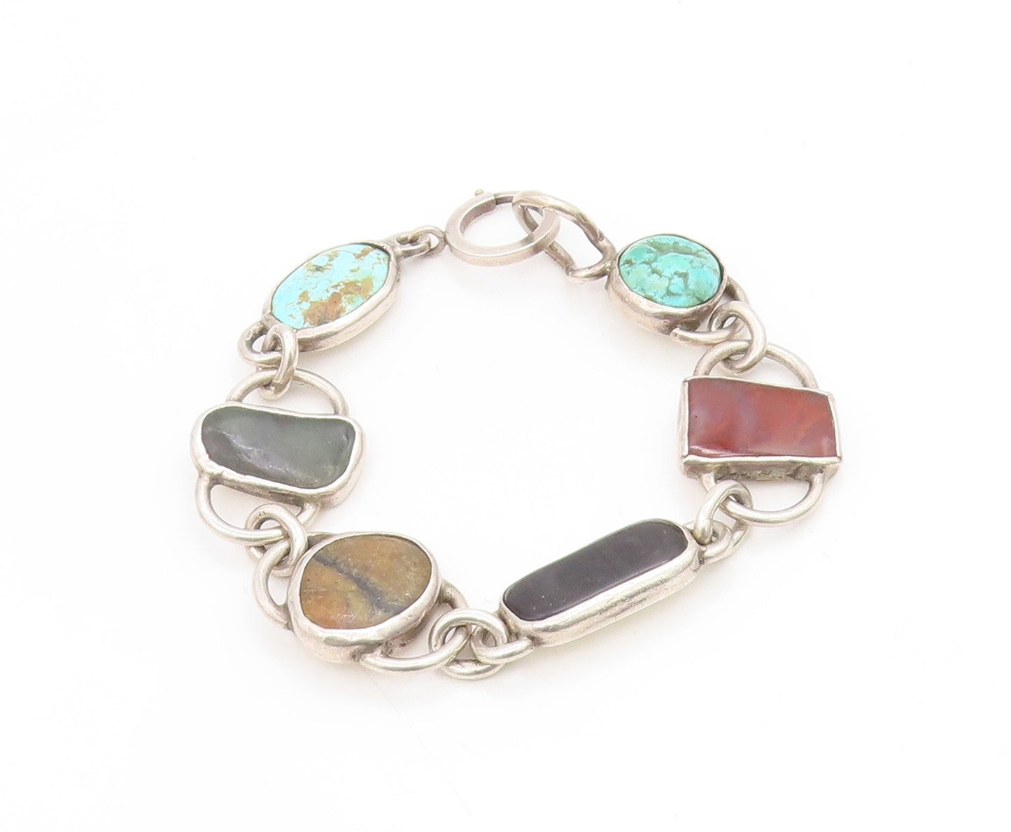 925 Sterling Silver Vintage Bracelet Chunky Multi Gemstone Solid Link  BT11709