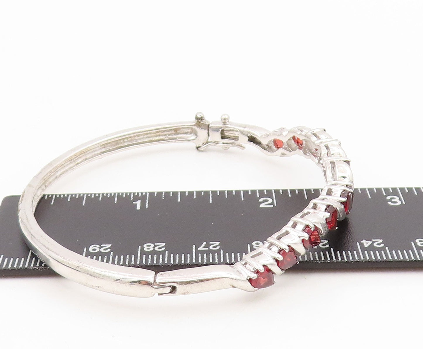 925 Sterling Silver Vintage Bracelet Red Garnet Twisting Ribbon Bangle  BT11605