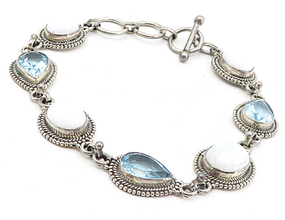 925 Sterling Silver  Vintage Agate & Blue Topaz Twist Chain Bracelet  BT3797