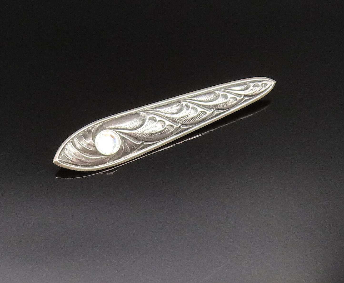 925 Silver  Vintage Inlaid Rhinestone Carved Swirls Linear Brooch Pin  BP9721