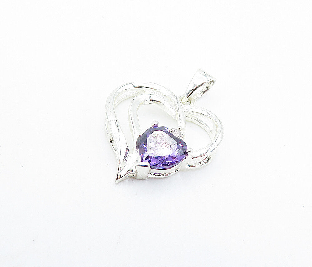 925 Sterling Silver  Amethyst Open Love Heart Polished Drop Pendant  PT4746
