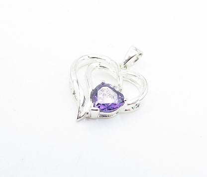 925 Sterling Silver  Amethyst Open Love Heart Polished Drop Pendant  PT4746