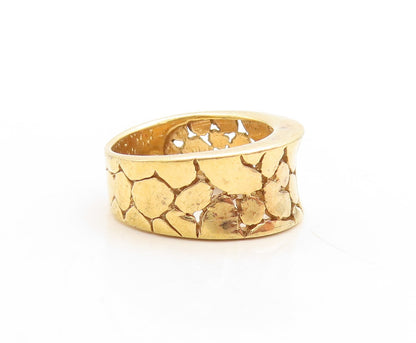 925 Sterling Silver Vintage Ring Gold Plated Pebble Effect Carved  Sz 8  RG31356
