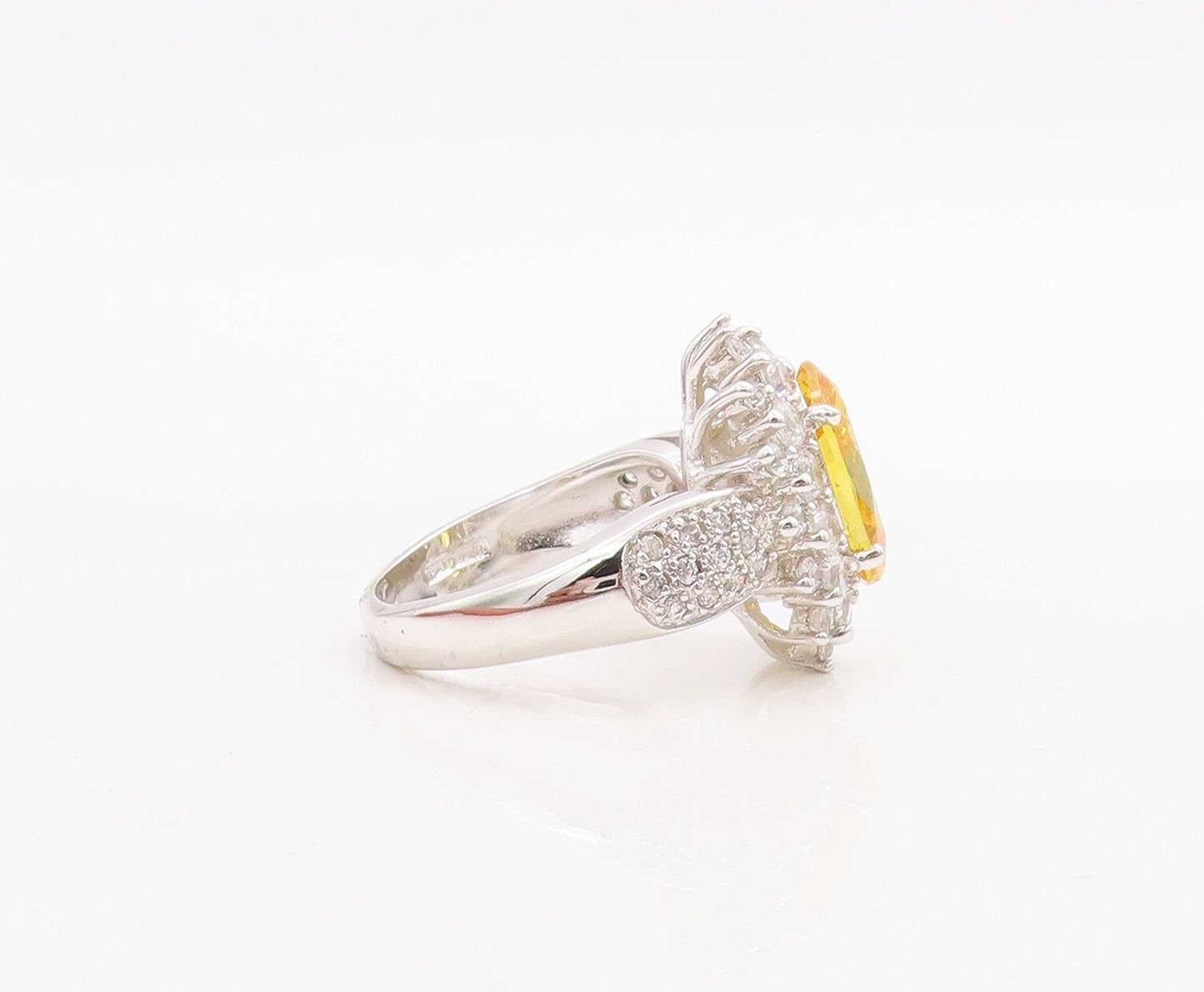 925 Sterling Silver Vintage Ring Designer Citrine & CZ Flower  Sz 7  RG30981