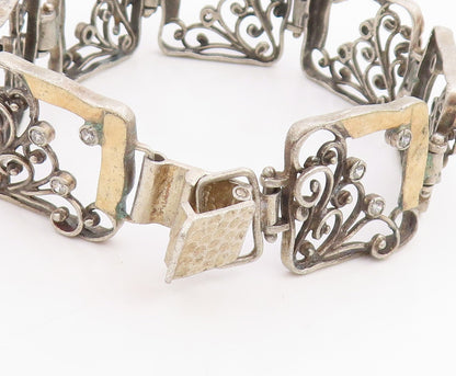 14k Gold & 925 Sterling Silver Vintage Bracelet CZ Floral Panel Link  BT11846