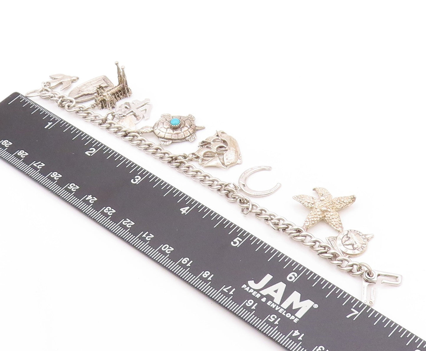 925 Sterling Silver Vintage Bracelet Ocean Life Dangling Larimar Charms  BT11276
