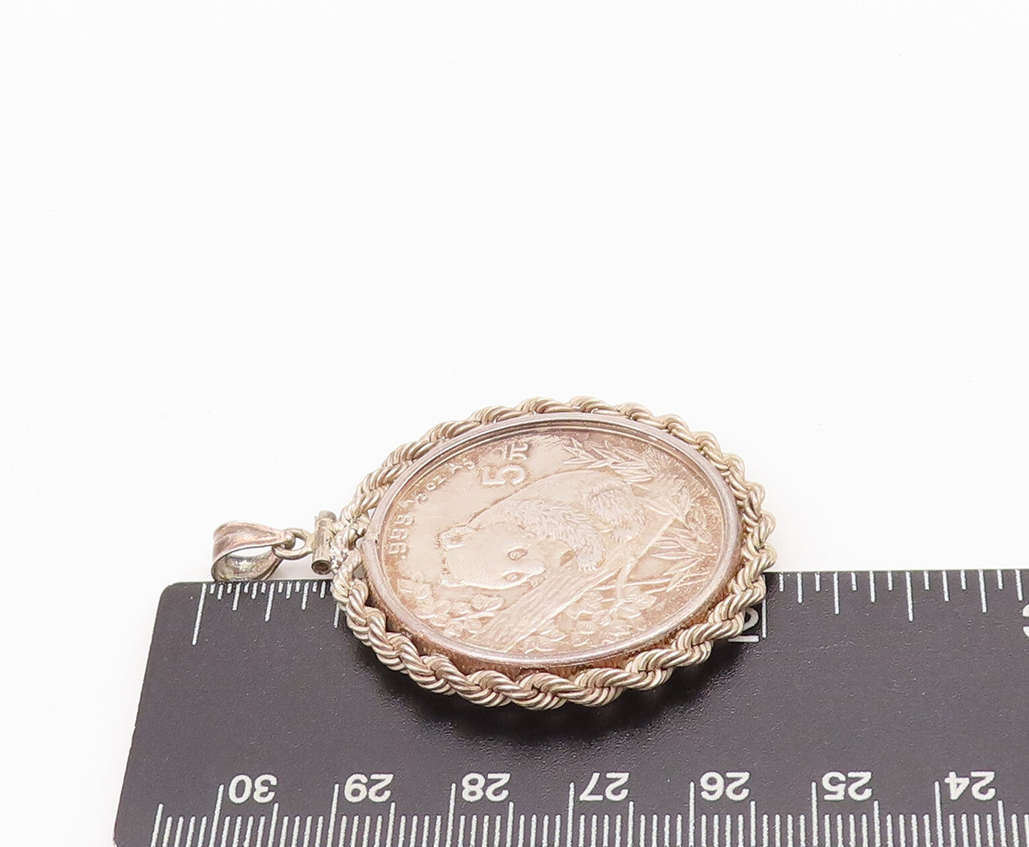 925 Sterling Silver Vintage Pendant Carved Panda Twisted Rope Border  PT22547