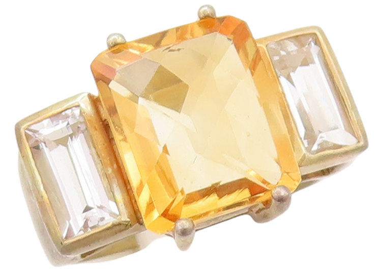 925 Sterling Silver Vintage Ring Gold Plated Rectangle Citrine CZ  Sz 7  RG29475