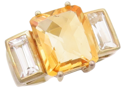 925 Sterling Silver Vintage Ring Gold Plated Rectangle Citrine CZ  Sz 7  RG29475