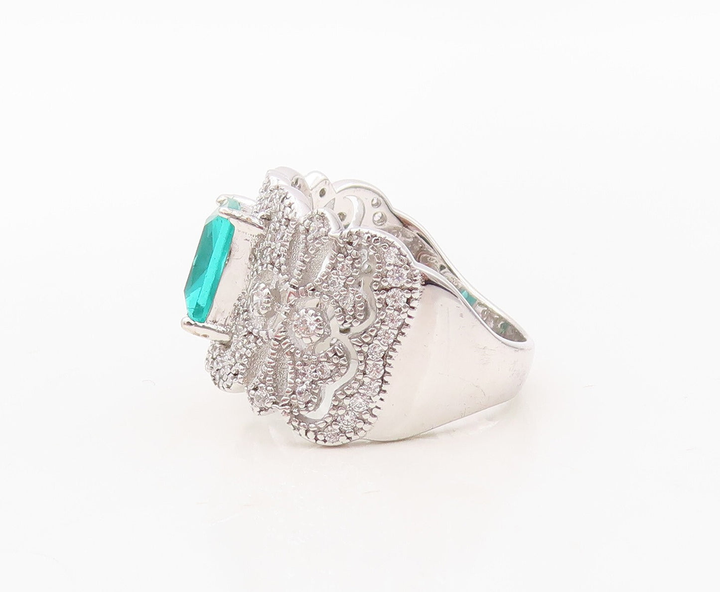 925 Sterling Silver Vintage Ring Floral Cutout White & Sea Green CZ Sz 7 RG30259