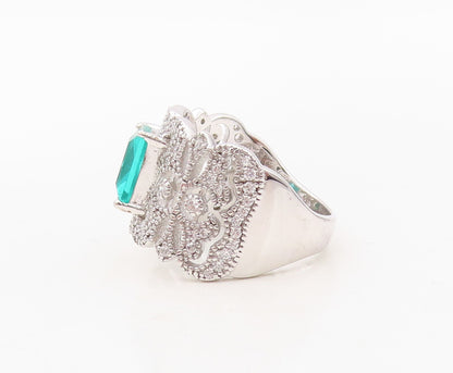 925 Sterling Silver Vintage Ring Floral Cutout White & Sea Green CZ Sz 7 RG30259