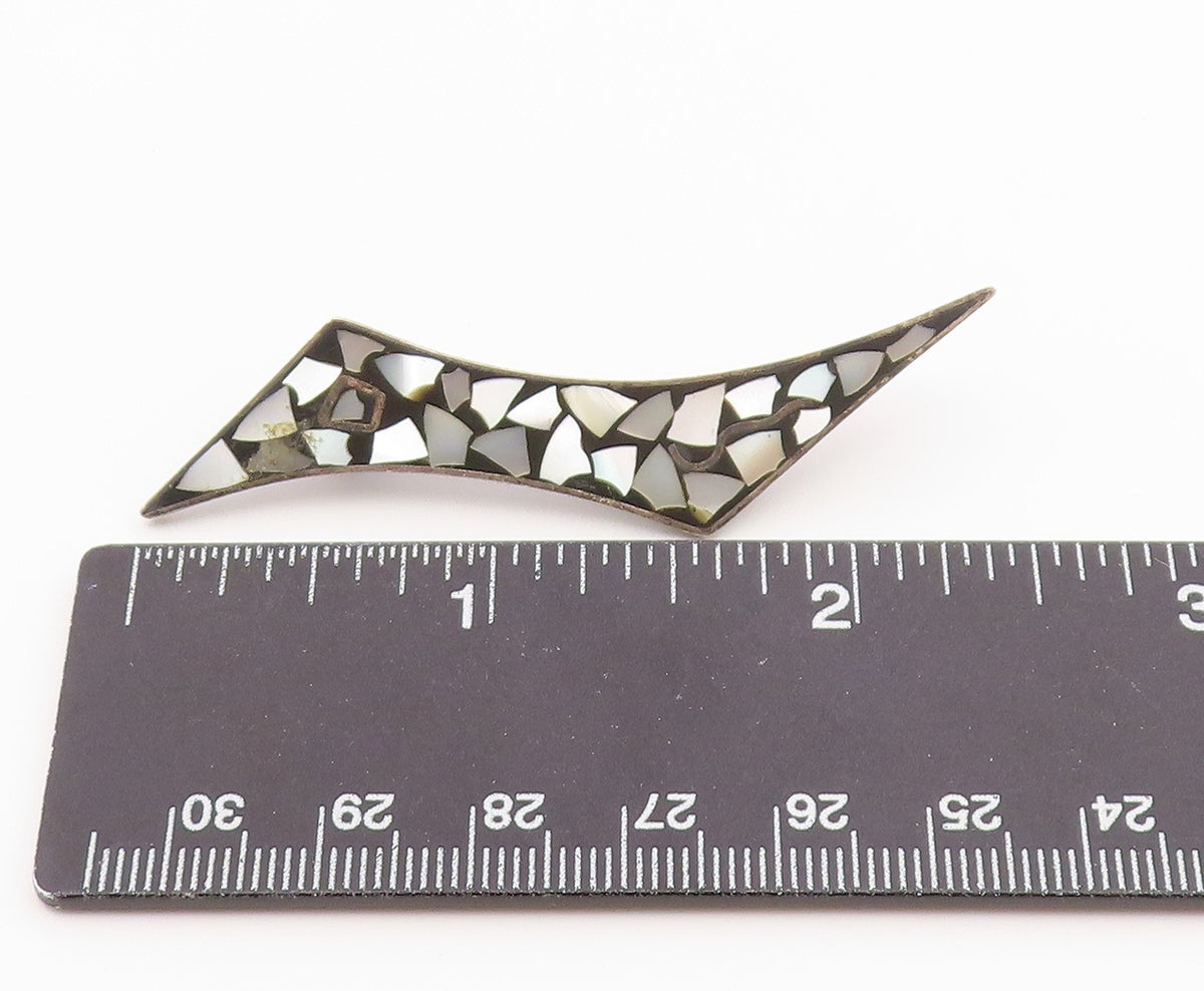 ISRAEL 925 Sterling Silver  Vintage Mother Of Pearl Mosaic Brooch Pin  BP7922