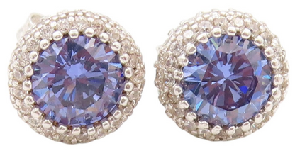 925 Sterling Silver Vintage Earrings Round Blue Halo White Topaz Studs  EG13643