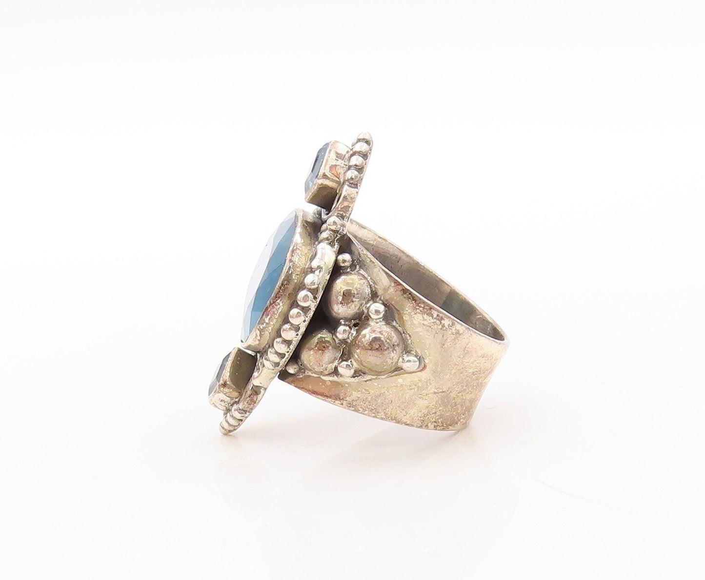 925 Sterling Silver Vintage Ring Carved Oval Gemstone Blue Topaz  Sz 8  RG30572