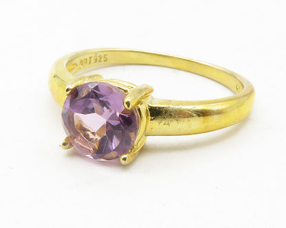925 Sterling Silver  Amethyst Gold Plated Shiny Solitaire Ring Sz 8  RG11881