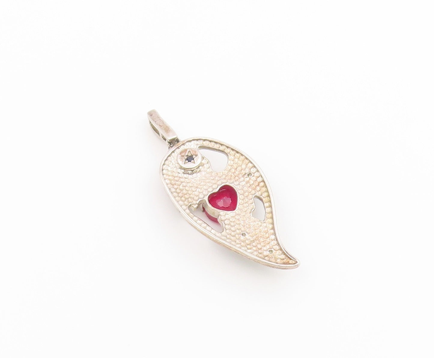 925 Sterling Silver Vintage Pendant Heart Ruby Enamel Leaf Cutout Charm  PT26561