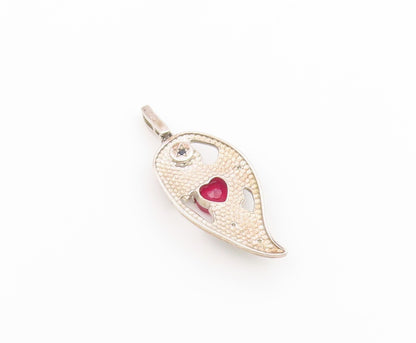 925 Sterling Silver Vintage Pendant Heart Ruby Enamel Leaf Cutout Charm  PT26561