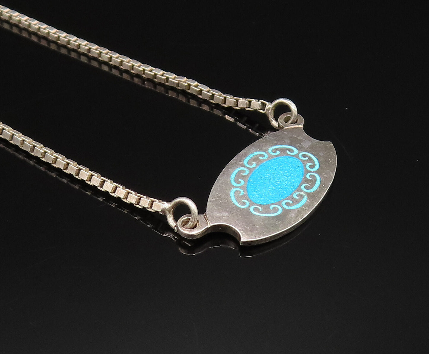 925 Silver  Vintage Minimalist Blue Enamel Swirl Accent Chain Necklace  NE3935