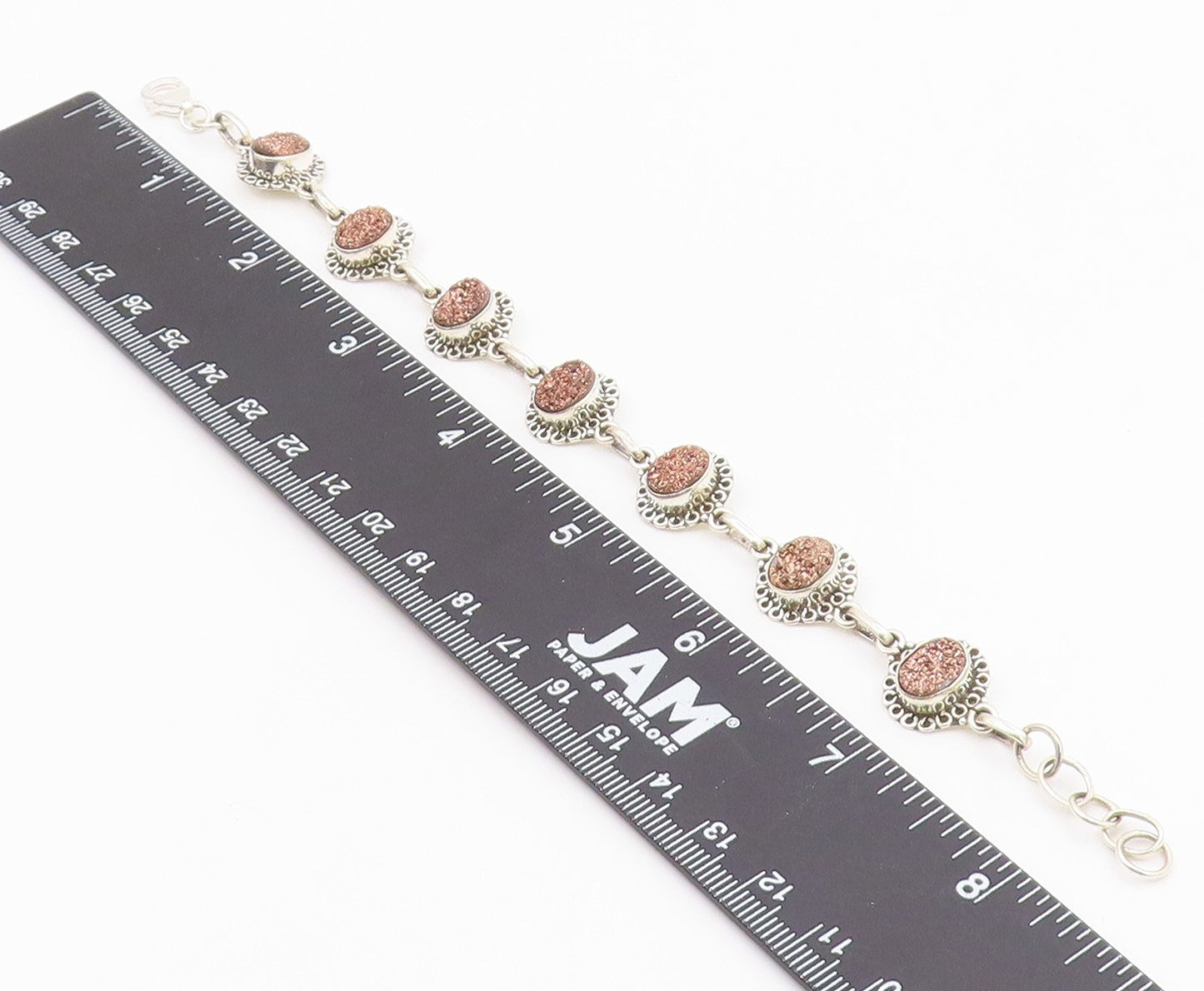925 Sterling Silver  Druzy Stone Shiny Floral Link Chain Bracelet  BT3641