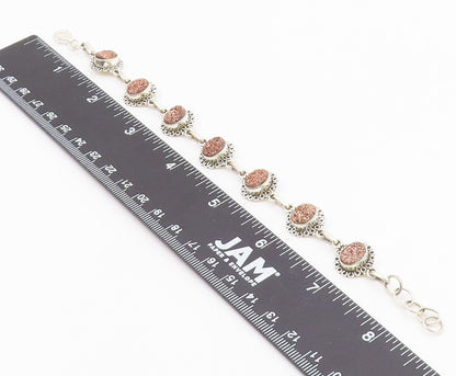 925 Sterling Silver  Druzy Stone Shiny Floral Link Chain Bracelet  BT3641