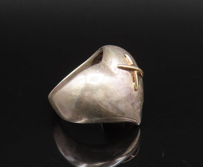 14K GOLD & 925 Silver  Vintage Minimal Love Heart With X Ring Sz 5.75  RG26072