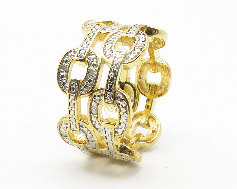 925 Sterling Silver  Genuine Diamonds Gold Plated Band Ring Sz 8  RG11879