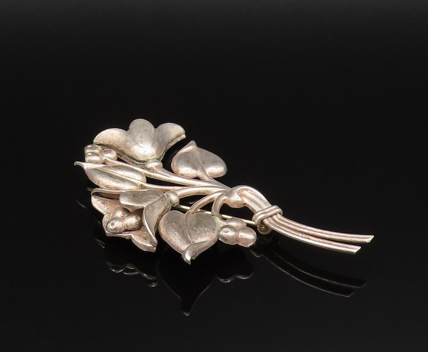 NORSELAND 925 Silver  Vintage Carved Tulip Flower Bouquet Brooch Pin  BP9803